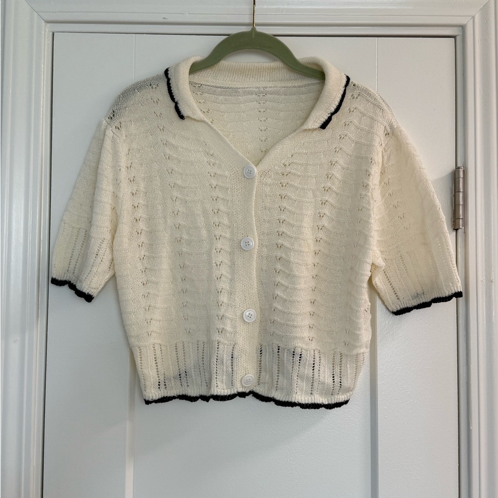 Cream and Black Cardigan Sweater Top